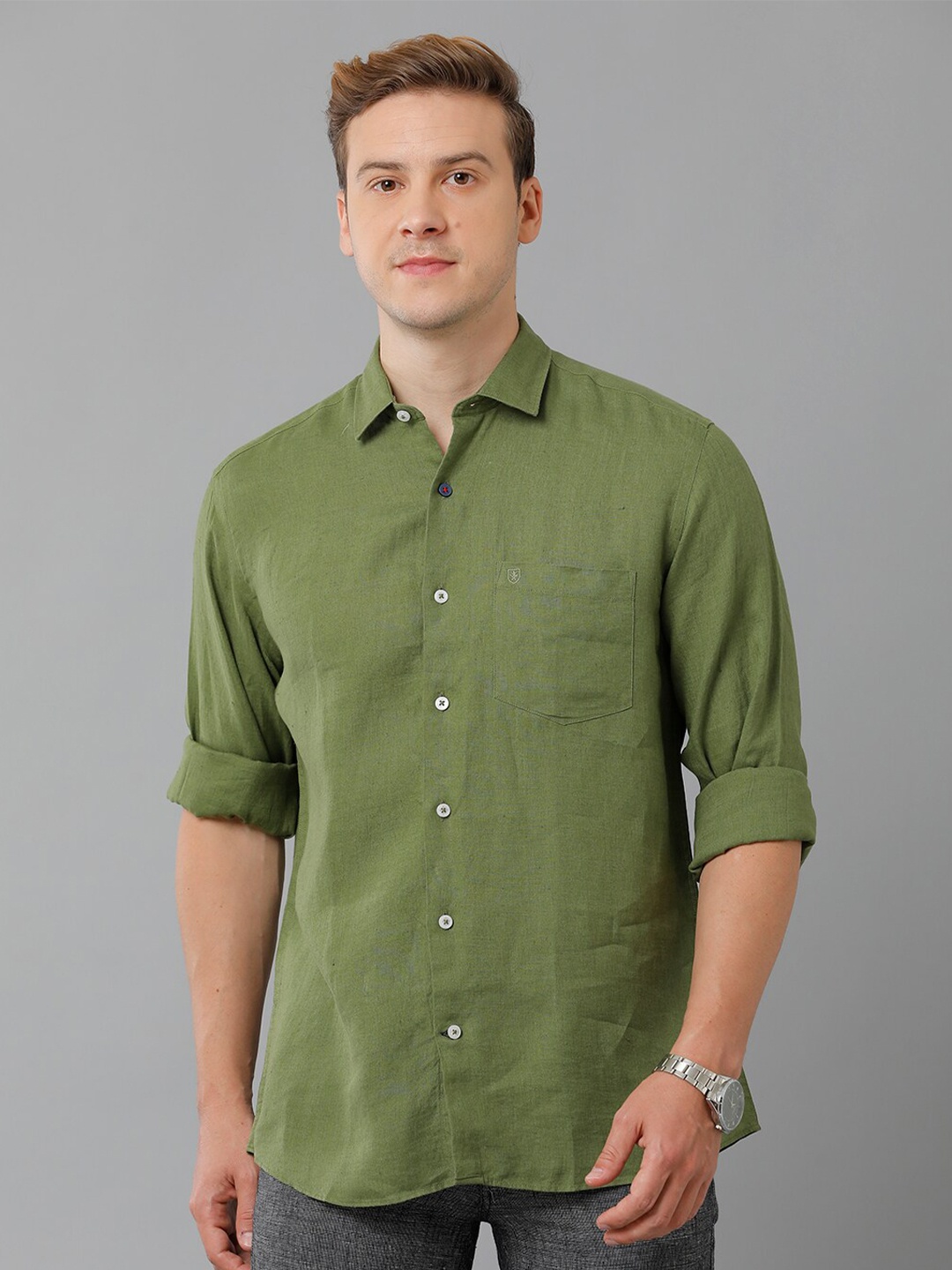 

Linen Club Spread Collar Long Sleeves Linen Casual Shirt, Green