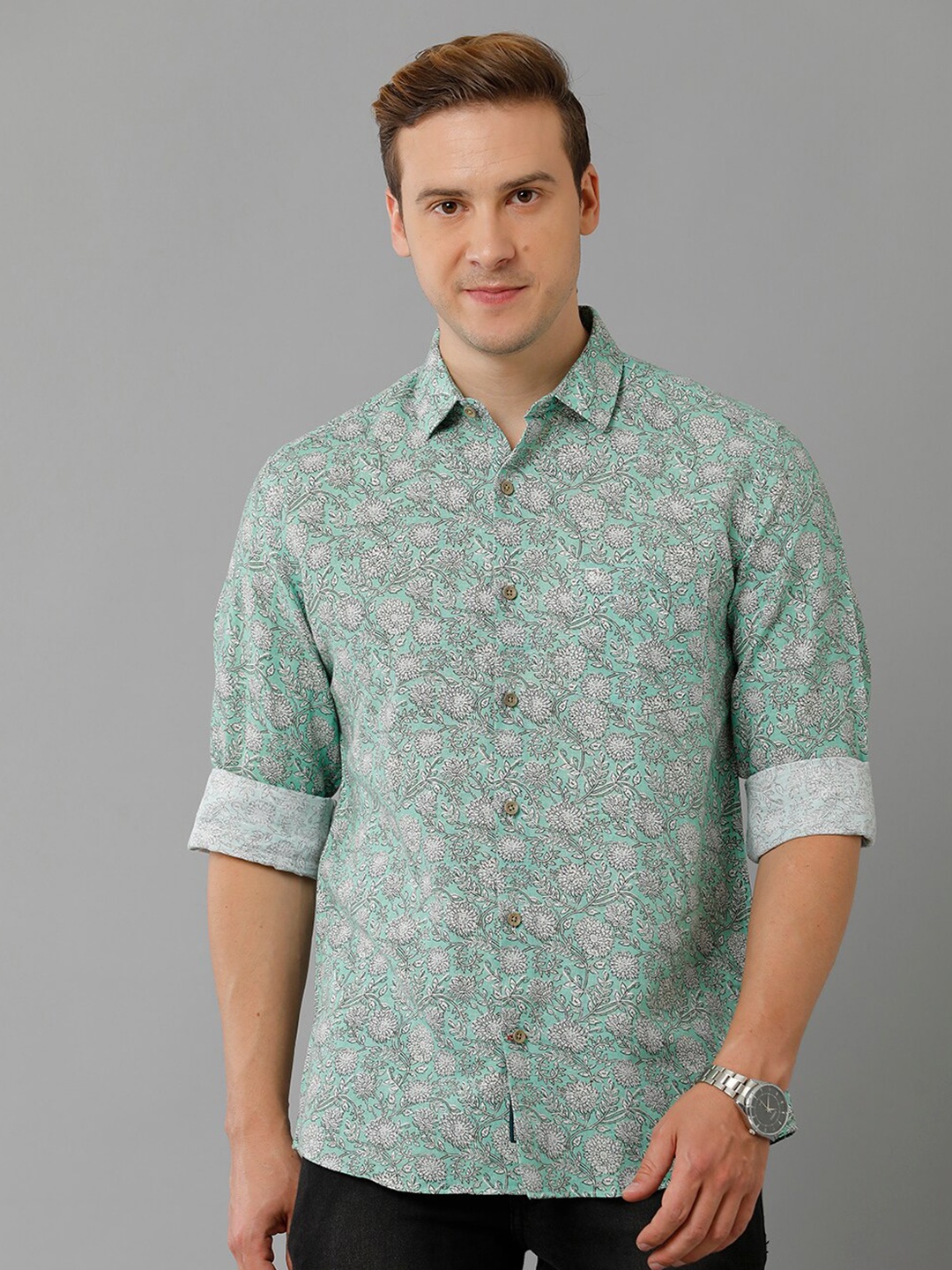 

Linen Club Floral Printed Spread Collar Pure Linen Casual Shirt, Green