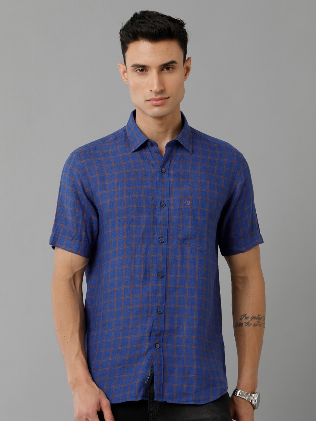 

Linen Club Windowpane Checks Linen Casual Shirt, Blue