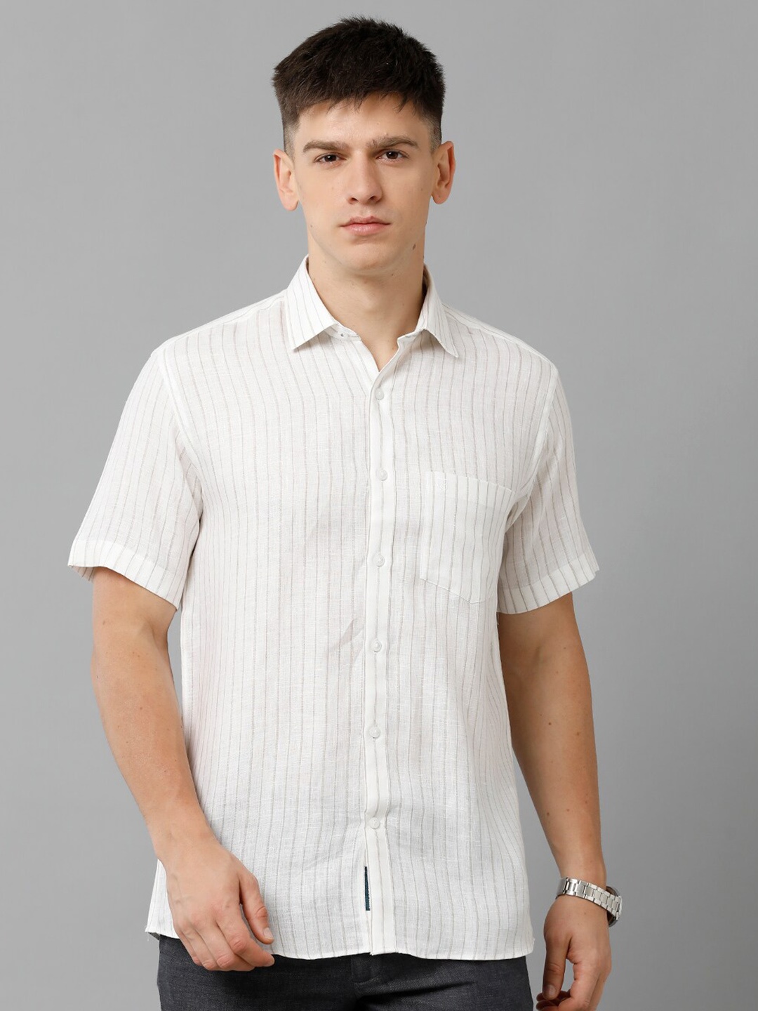 

Linen Club Vertical Striped Pure Linen Casual Shirt, Beige