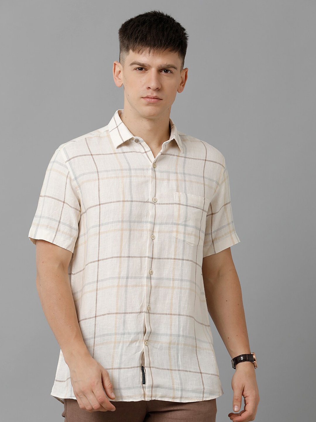 

Linen Club Checked Spread Collar Pure Linen Casual Shirt, Off white