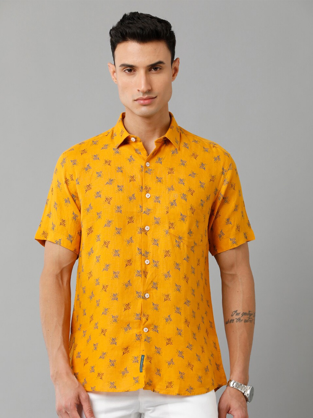 

Linen Club Floral Printed Spread Collar Opaque Casual Pure Linen Shirt, Yellow