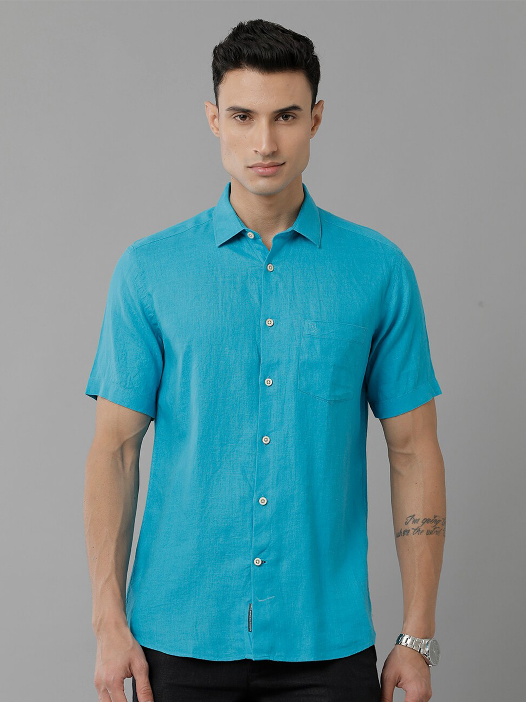 

Linen Club Spread Collar Pure Linen Casual Shirt, Turquoise blue