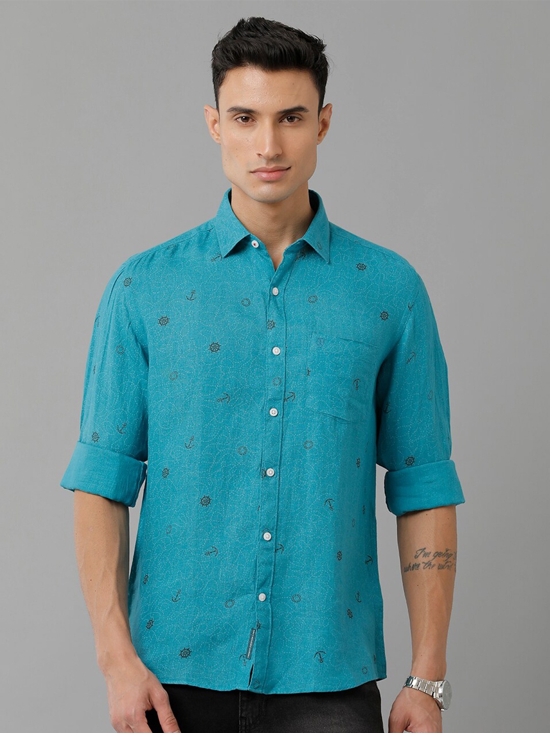 

Linen Club Conversational Printed Pure Linen Casual Shirt, Turquoise blue