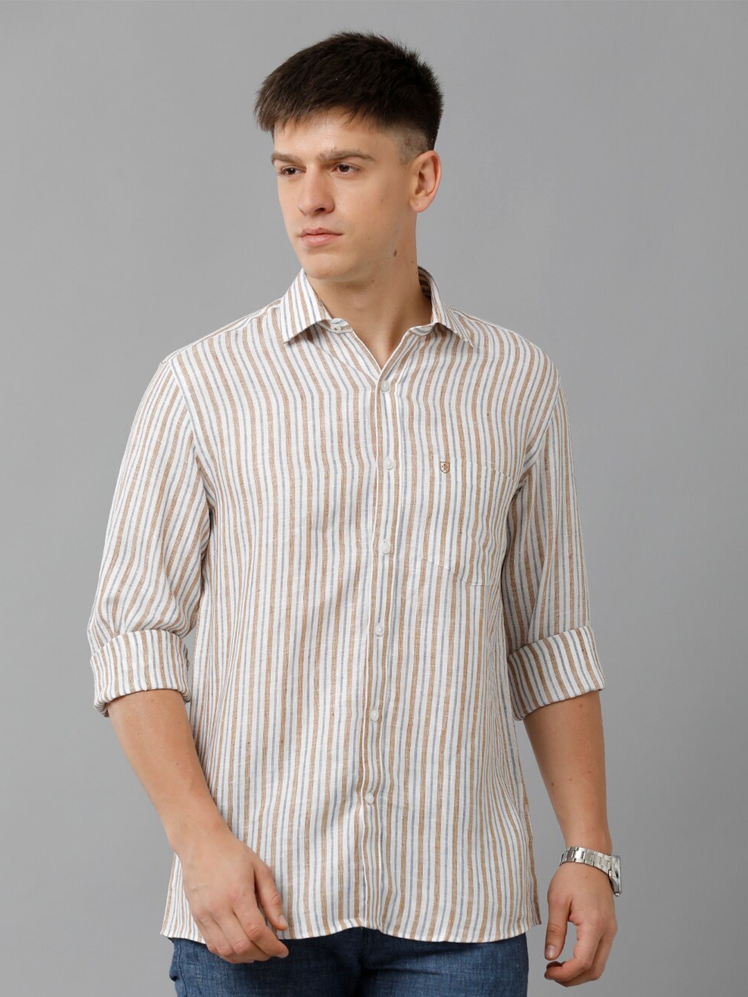 

Linen Club Striped Spread Collar Pure Linen Casual Shirt, White