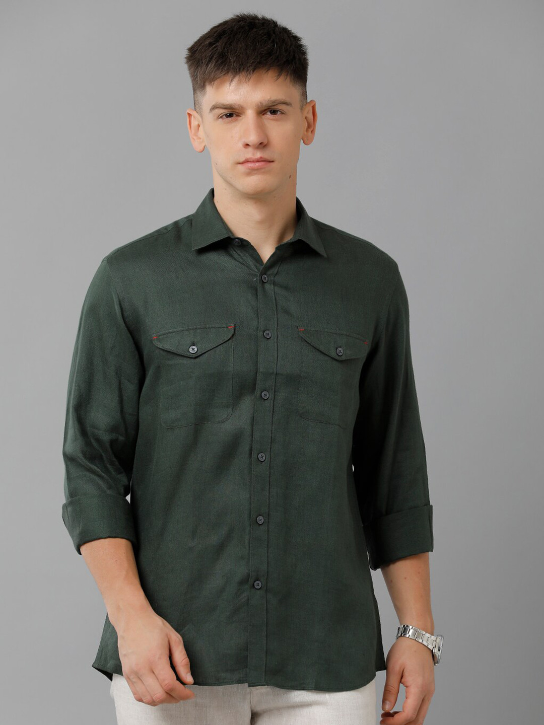 

Linen Club Spread Collar Pure Linen Casual Shirt, Green
