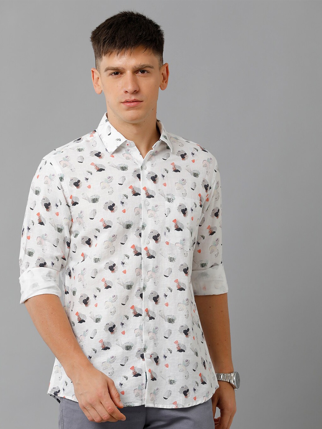 

Linen Club Abstract Printed Pure Linen Casual Shirt, White