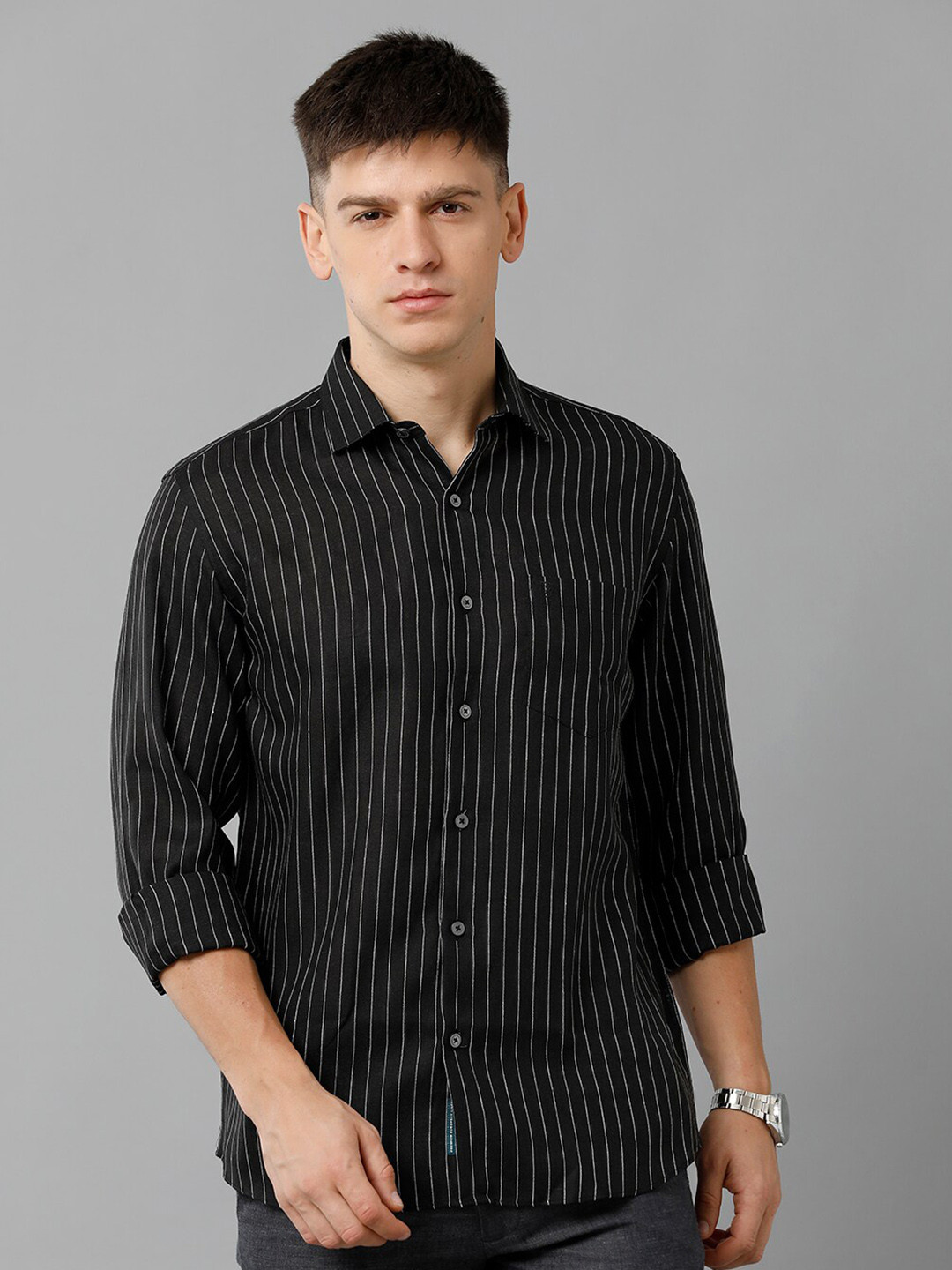 

Linen Club Vertical Striped Pure Linen Casual Shirt, Black