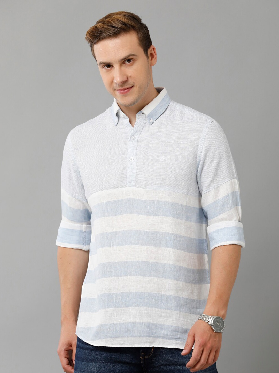 

Linen Club Horizontal Striped Button down Collar Pure Linen Casual Shirt, Blue