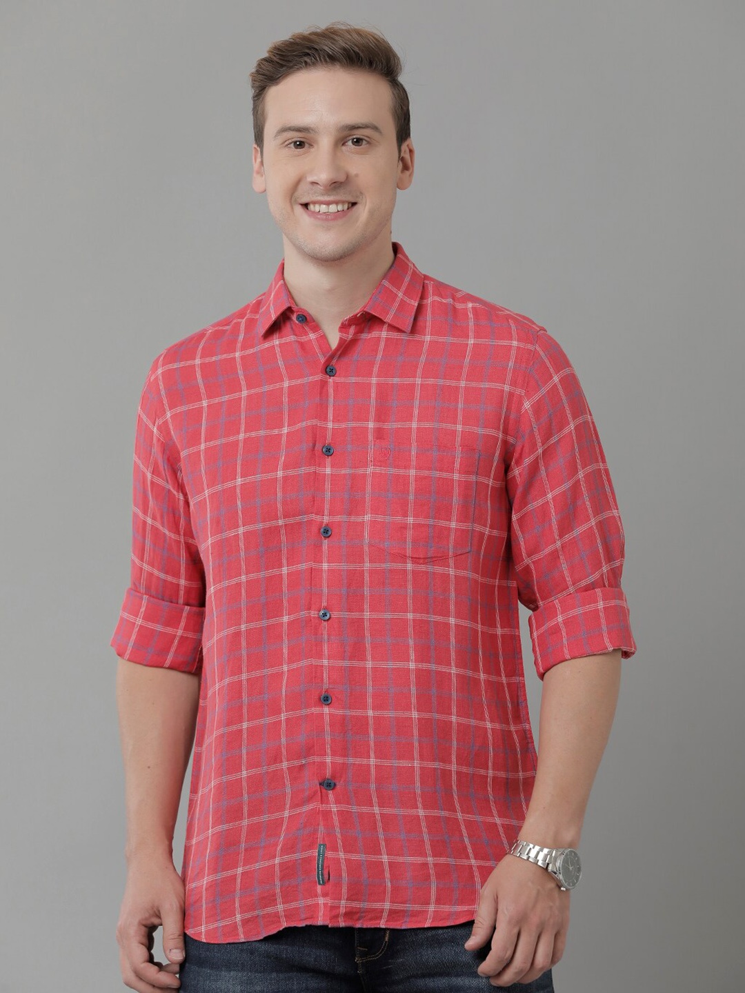 

Linen Club Tartan Checked Long Sleeves Pure Linen Casual Shirt, Red