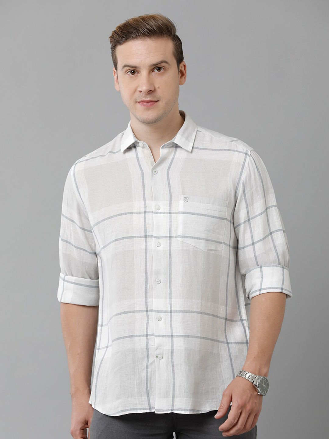 

Linen Club Windowpane Checked Pure Linen Casual Shirt, Grey