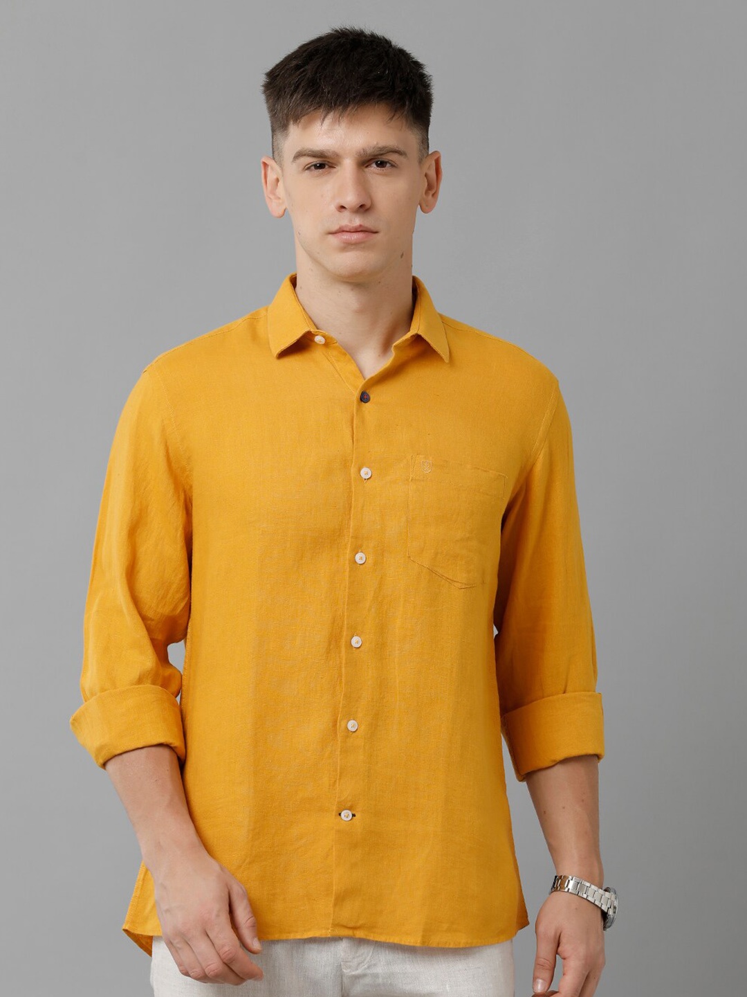 

Linen Club Spread Collar Pure Linen Casual Shirt, Yellow