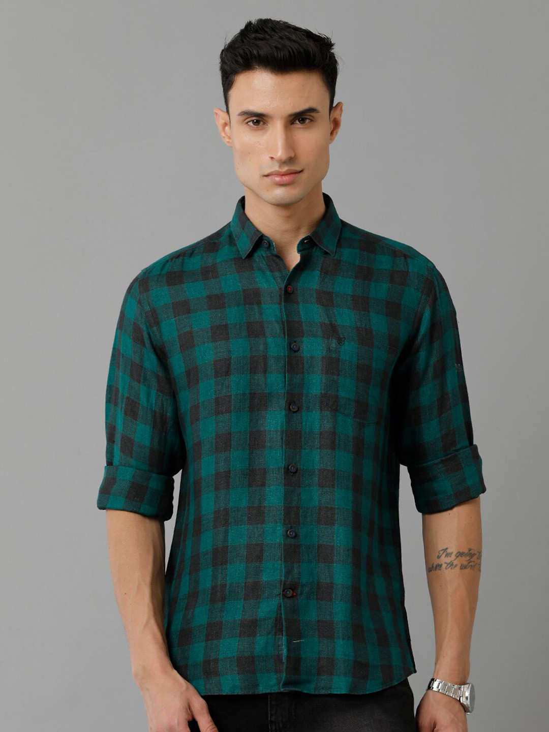 

Linen Club Buffalo Checks Linen Casual Shirt, Green