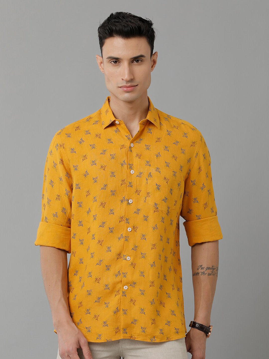 

Linen Club Floral Printed Spread Collar Short Sleeves Linen Casual Shirt, Yellow