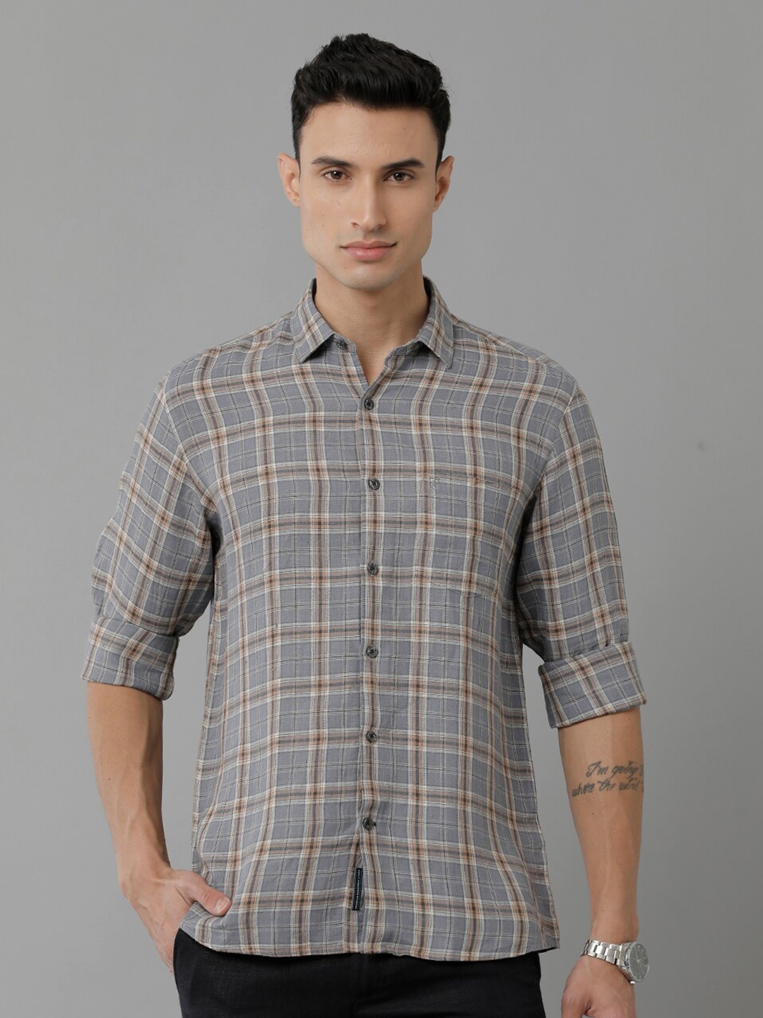 

Linen Club Tartan Checked Pure Linen Shirt, Grey