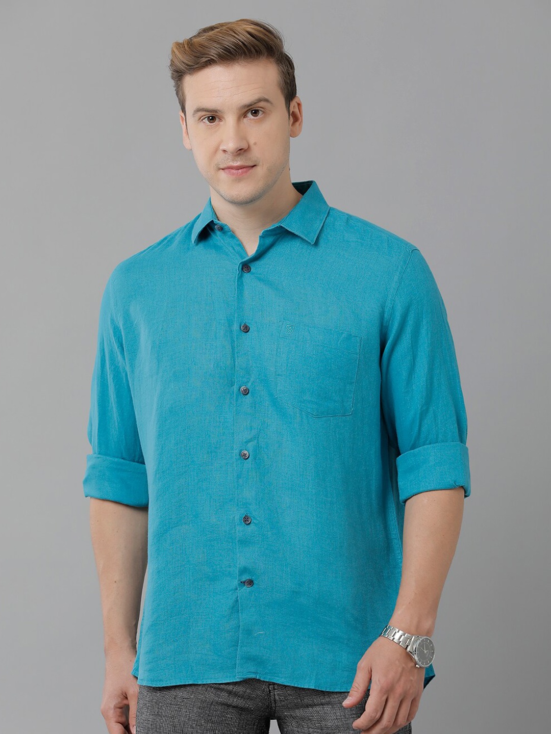 

Linen Club Spread Collar Pure Linen Casual Shirt, Turquoise blue