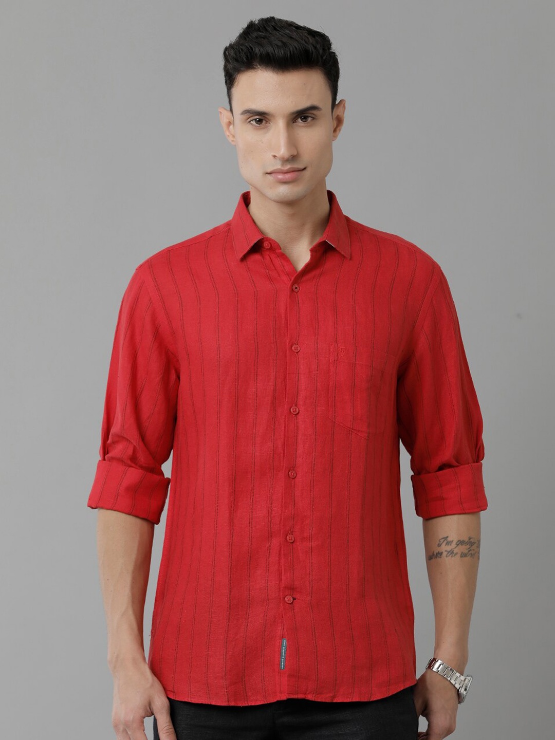 

Linen Club Striped Spread Collar Long Sleeves Linen Casual Shirt, Red