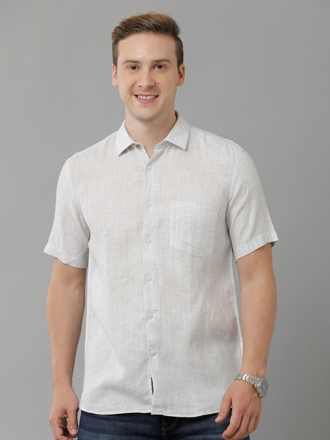 

Linen Club Spread Collar Opaque Linen Casual Shirt, Grey