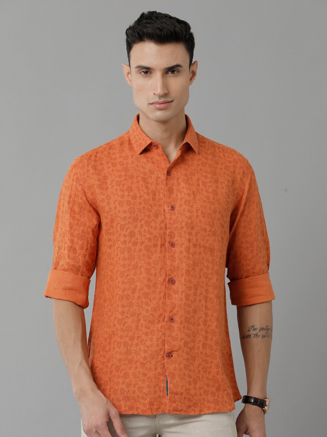 

Linen Club Floral Printed Pure Linen Casual Shirt, Orange