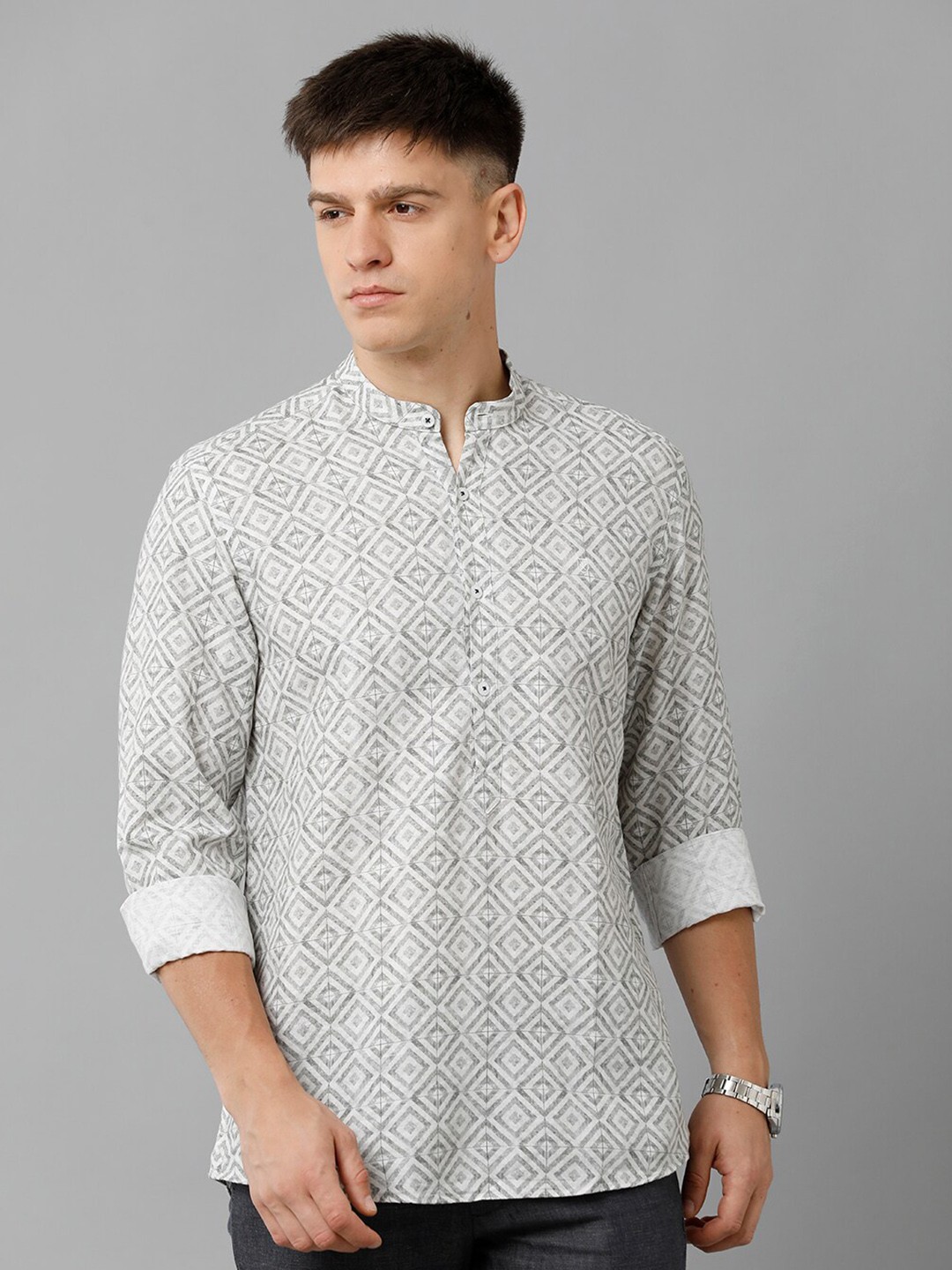 

Linen Club Geometric Printed Mandarin Collar Pure Linen Casual Shirt, Grey