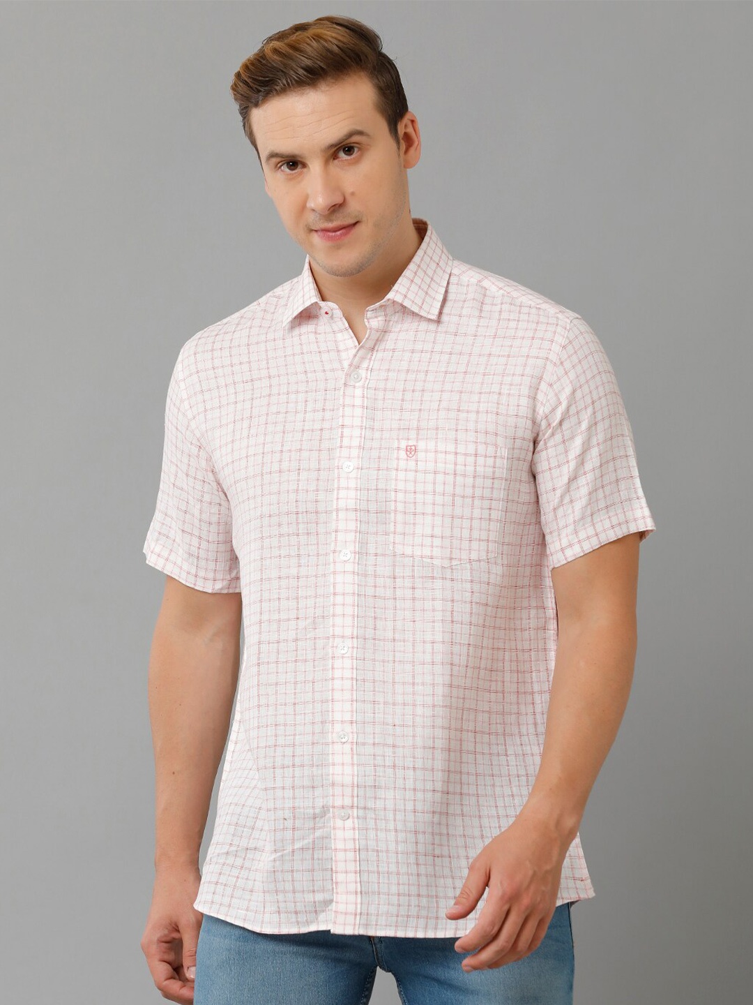 

Linen Club Grid Tattersall Checks Pure Linen Casual Shirt, White