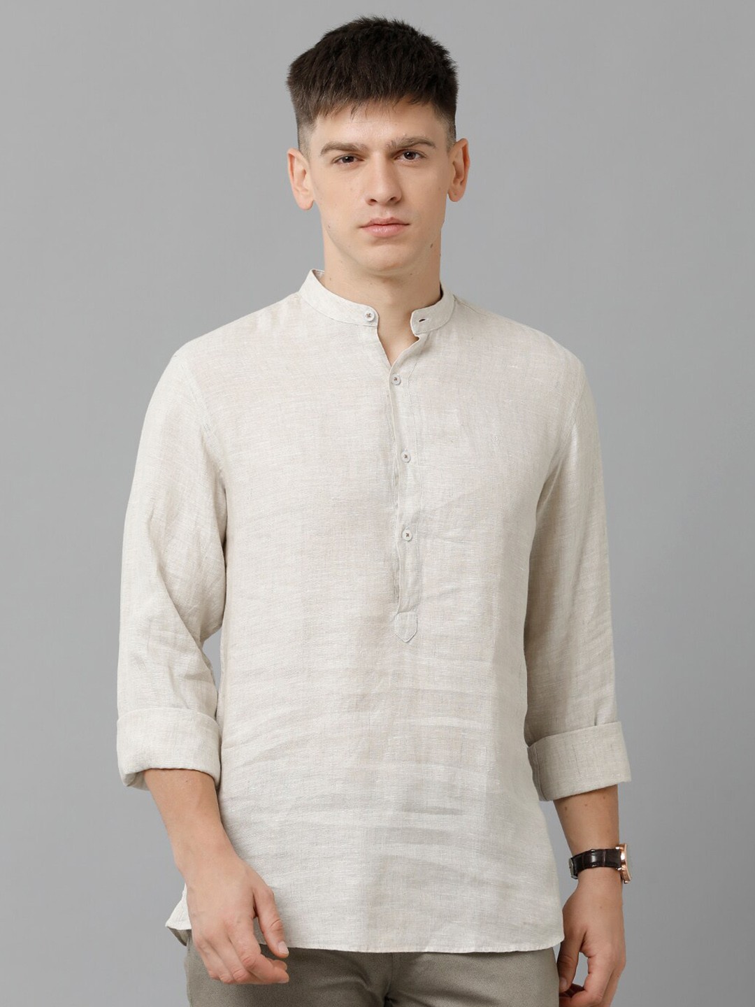 

Linen Club Band Collar Long Sleeves Pure Linen Casual Shirt, Beige