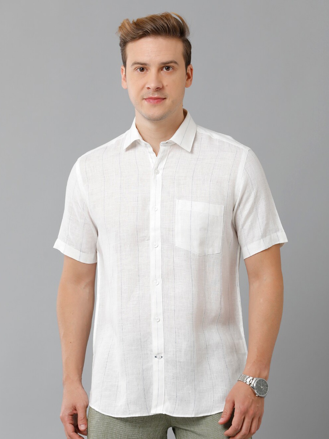

Linen Club Vertical Striped Spread Collar Pure Linen Casual Shirt, White