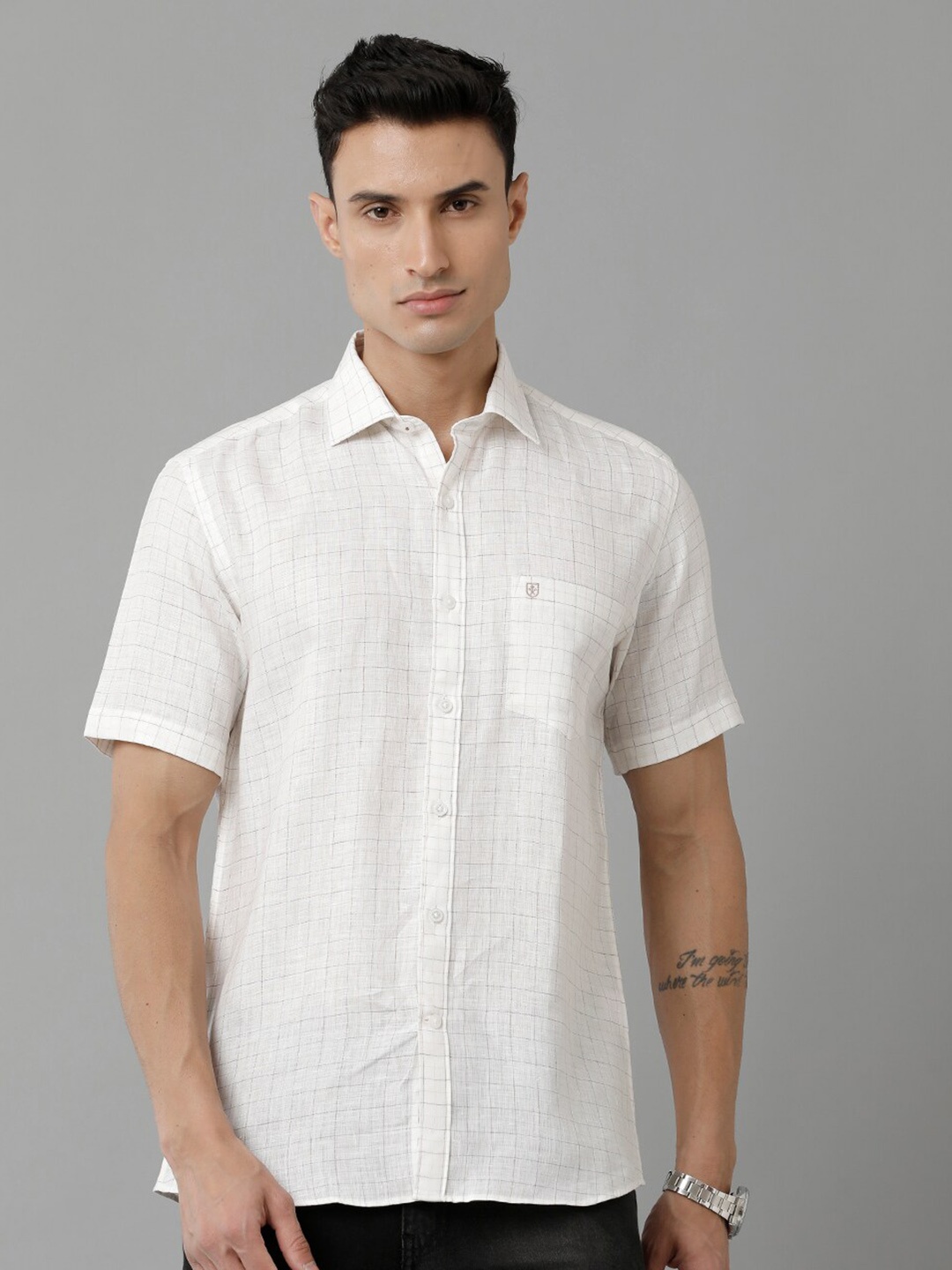 

Linen Club Checked Short Sleeves Pure Linen Casual Shirt, Off white