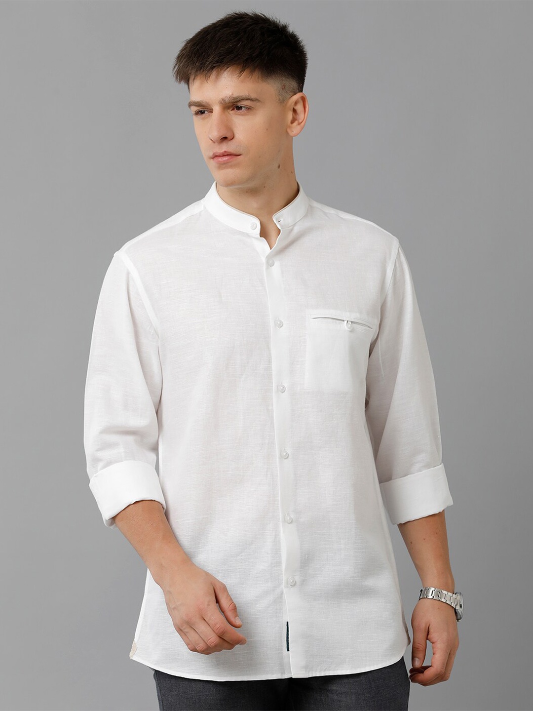 

Linen Club Mandarin Collar Opaque Linen Casual Shirt, White