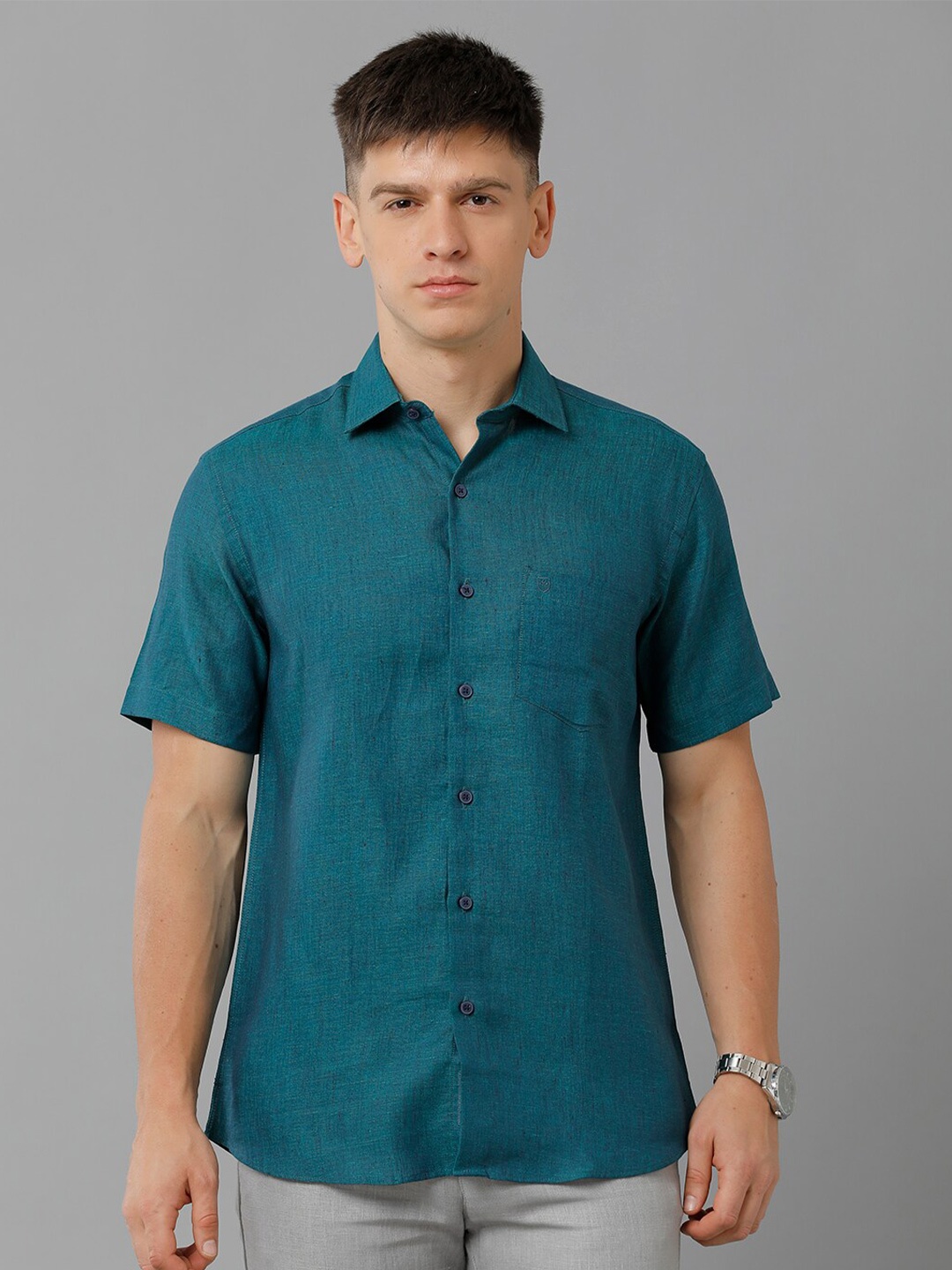 

Linen Club Spread Collar Pure Linen Casual Shirt, Green