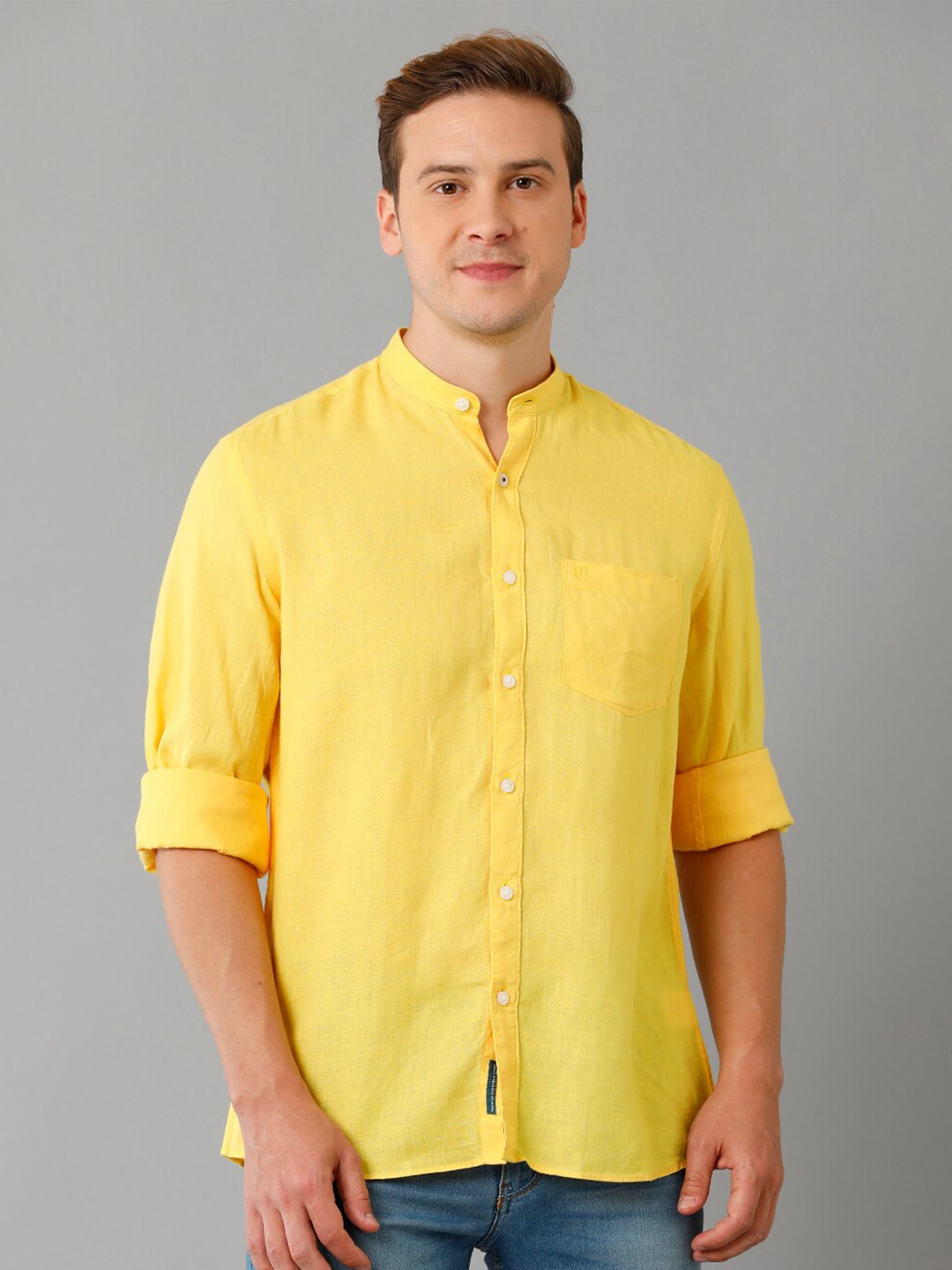 

Linen Club Band Collar Long Sleeves Linen Casual Shirt, Yellow