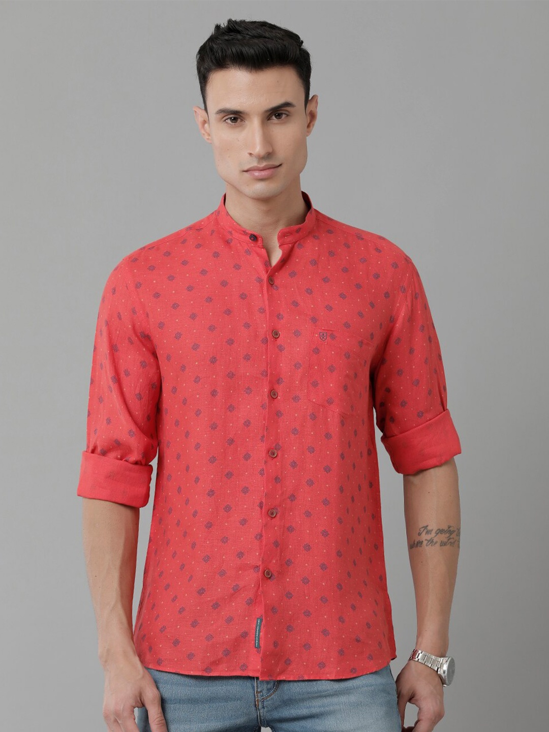 

Linen Club Ethnic Motif Printed Linen Casual Shirt, Red