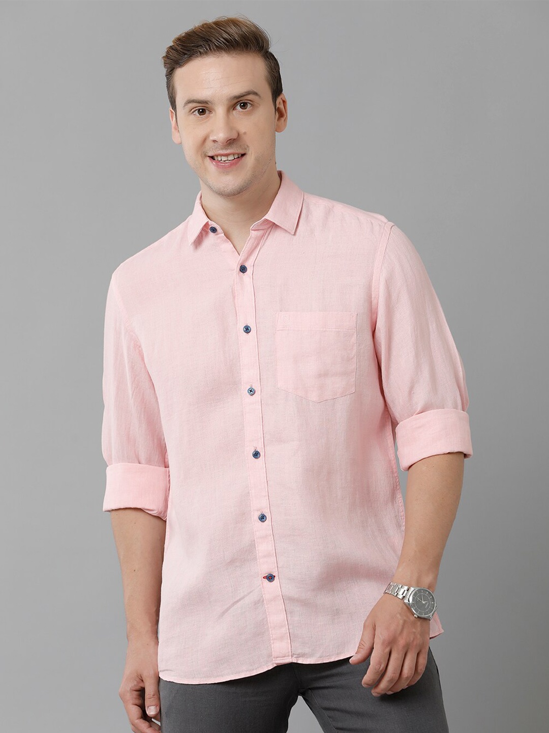 

Linen Club Spread Collar Long Sleeves Linen Casual Shirt, Pink