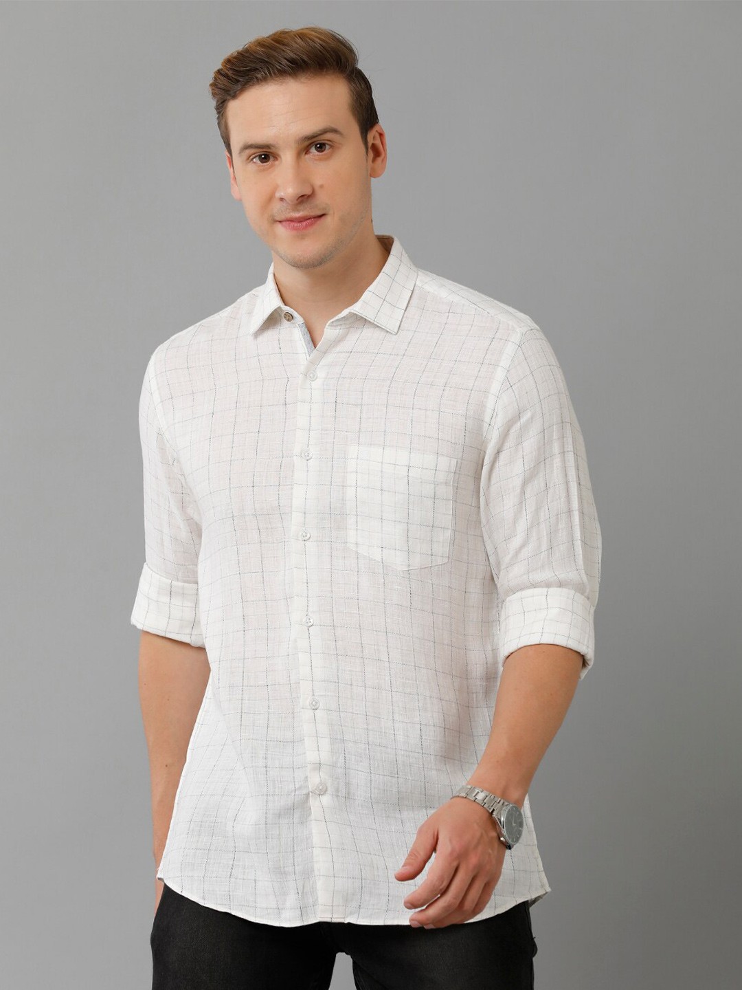 

Linen Club Grid Tattersall Checked Spread Collar Pure Linen Casual Shirt, Grey