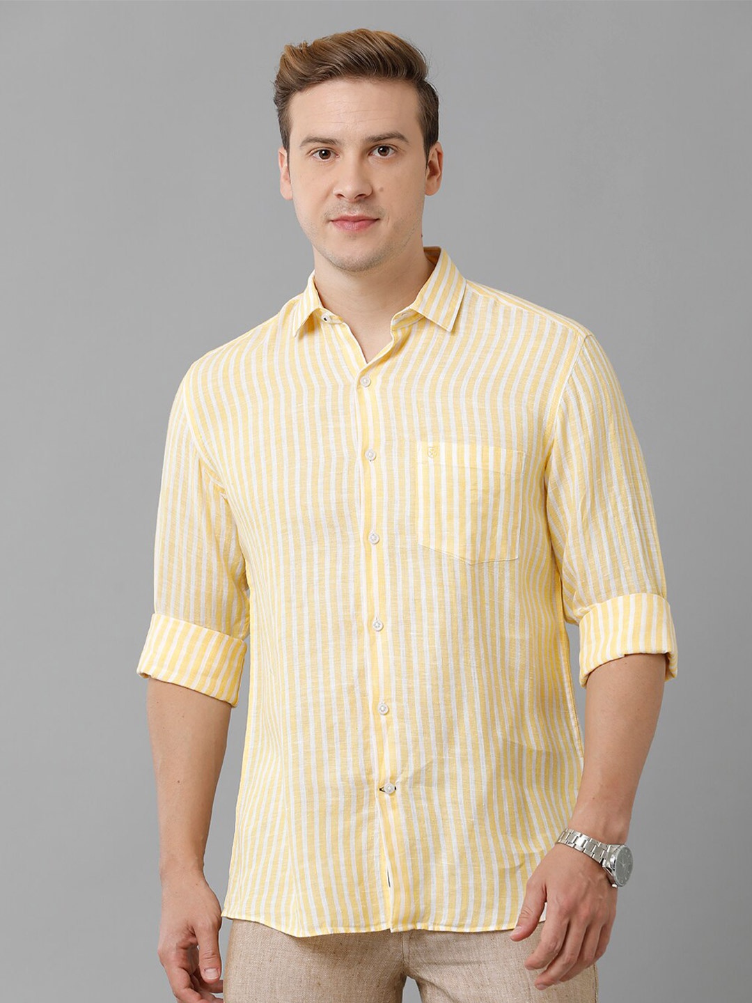 

Linen Club Vertical Striped Pure Linen Casual Shirt, Yellow