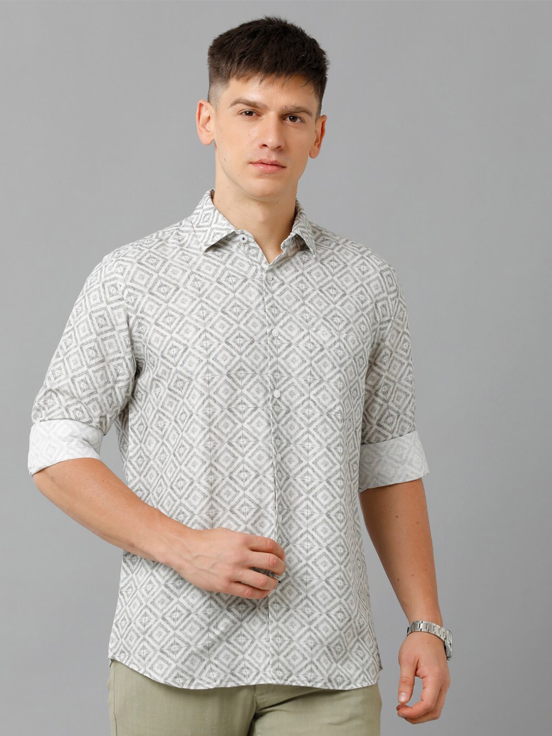 

Linen Club Geometric Printed Pure Linen Casual Shirt, Grey