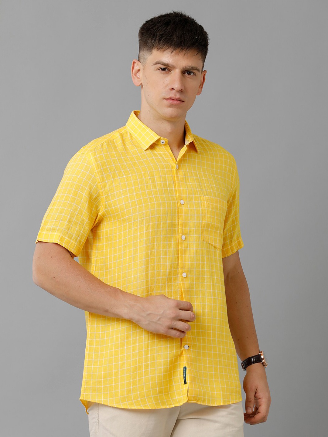 

Linen Club Windowpane Checked Pure Linen Casual Shirt, Yellow