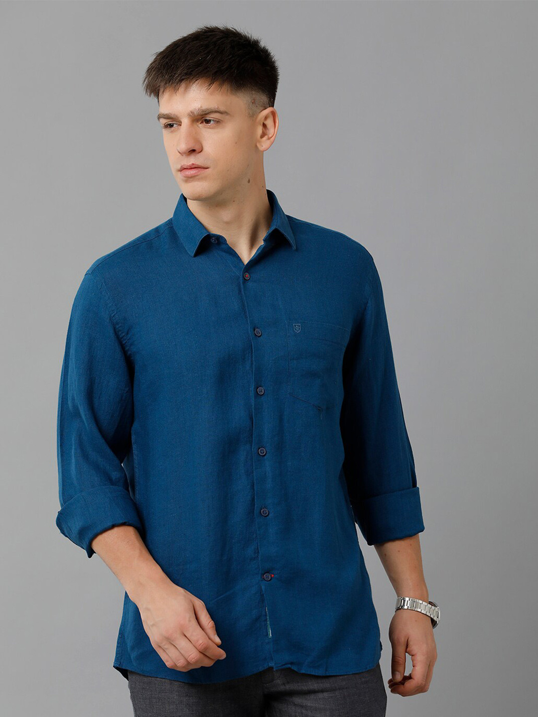

Linen Club Spread Collar Pure Linen Casual Shirt, Blue