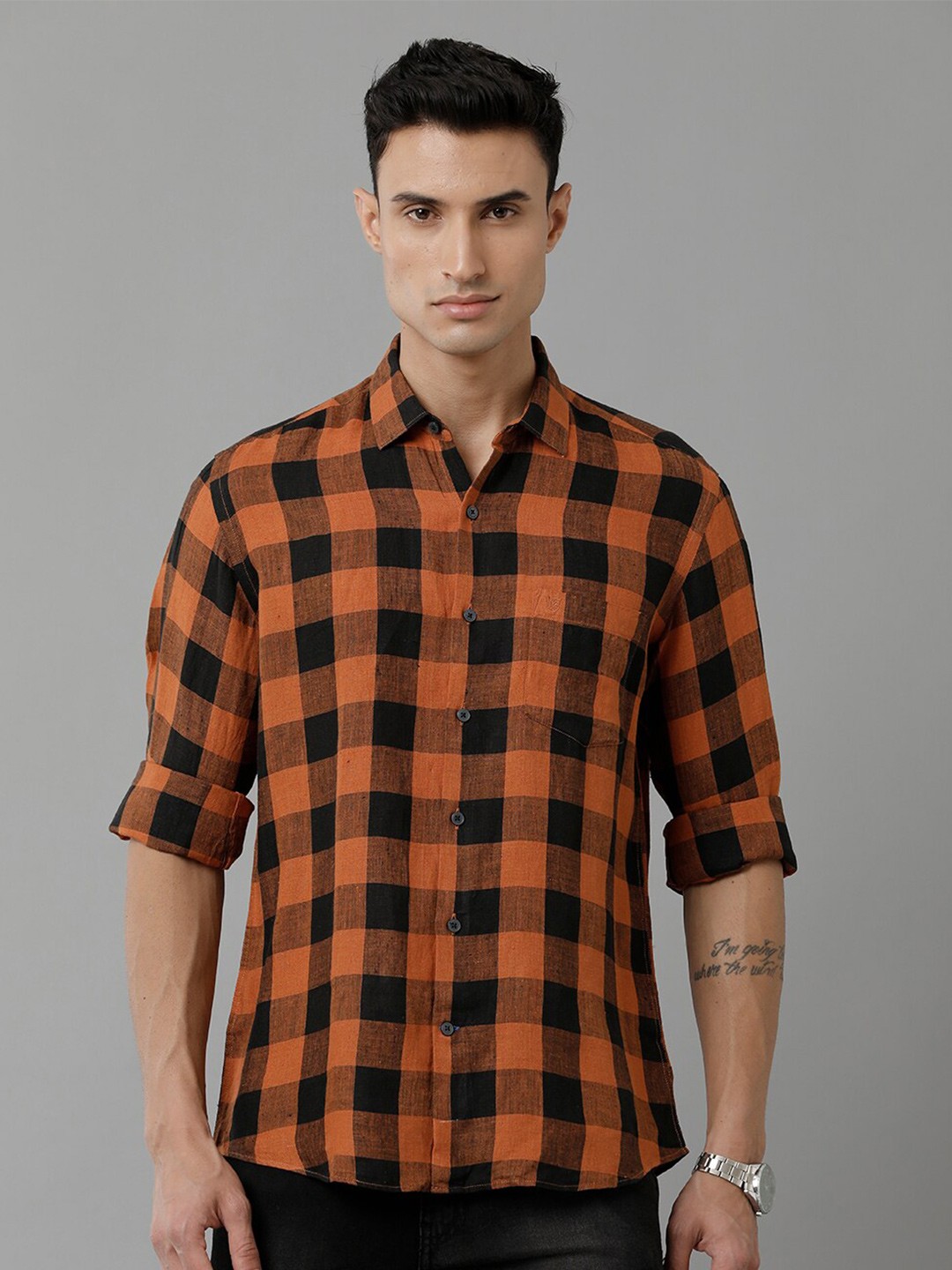 

Linen Club Buffalo Checked Pure Linen Casual Shirt, Orange