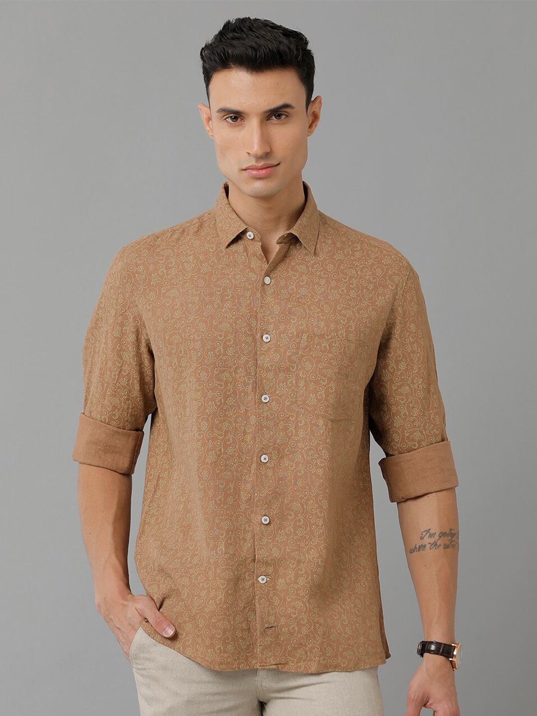 

Linen Club Floral Printed Pure Linen Casual Shirt, Brown