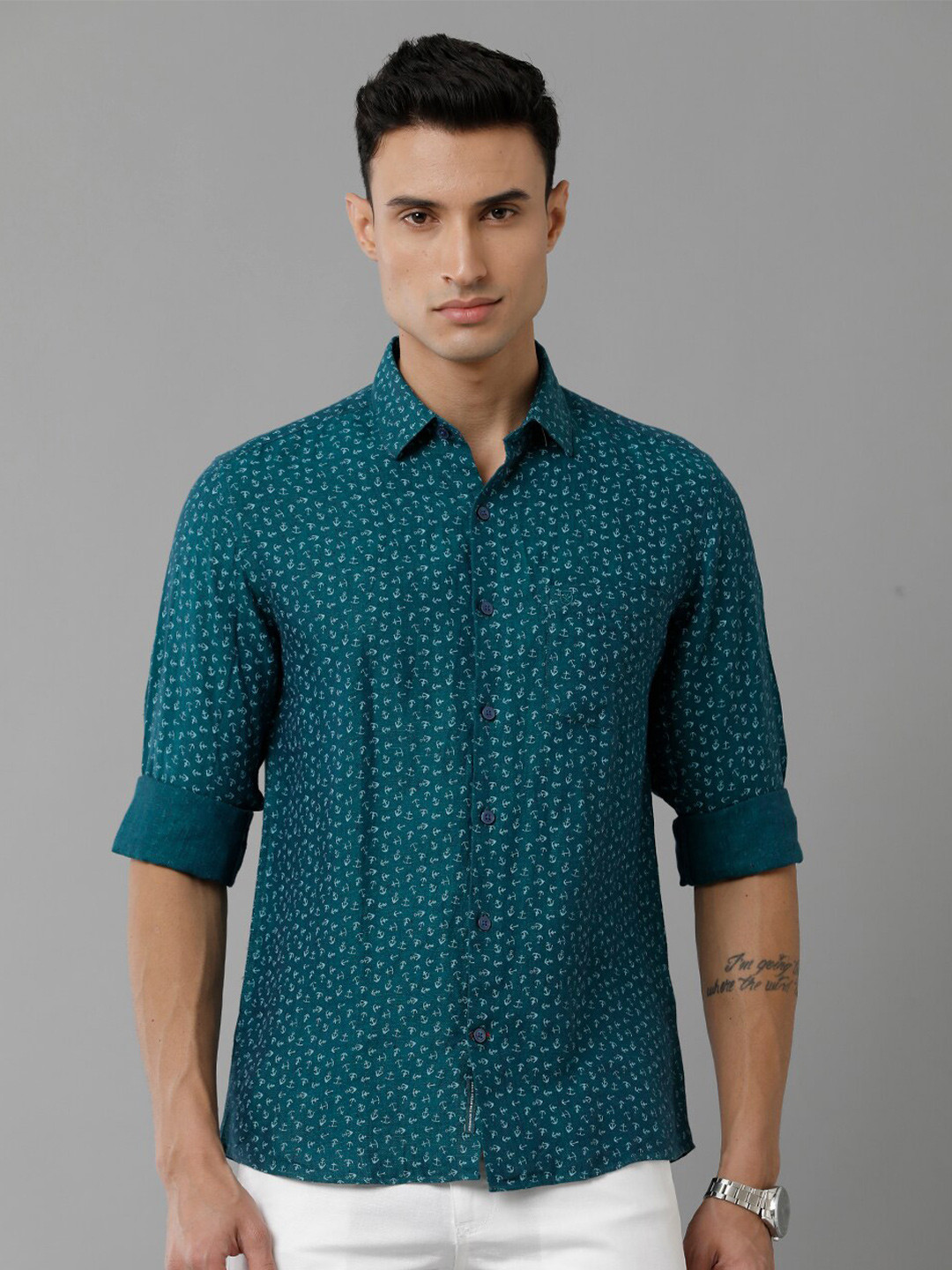 

Linen Club Conversational Printed Pure Linen Casual Shirt, Green
