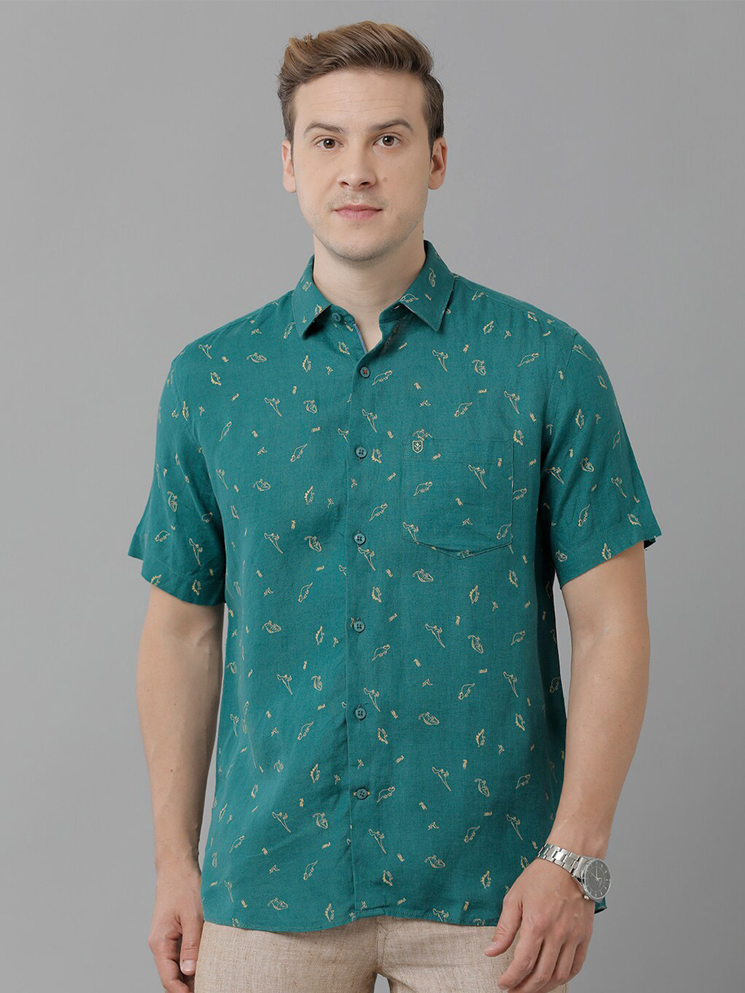 

Linen Club Conversational Printed Spread Collar Pure Linen Casual Shirt, Green