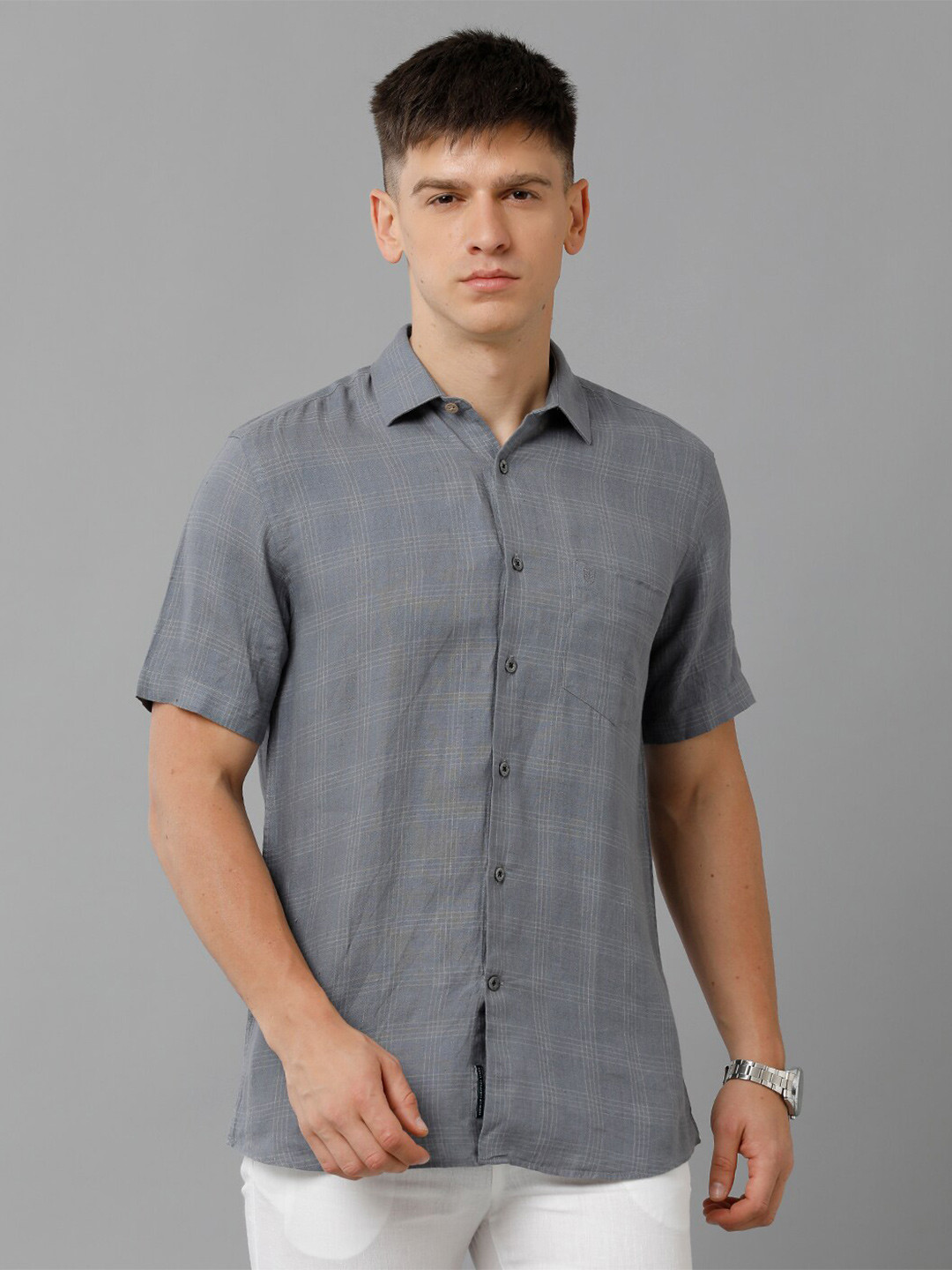 

Linen Club Checked Pure Linen Casual Shirt, Grey