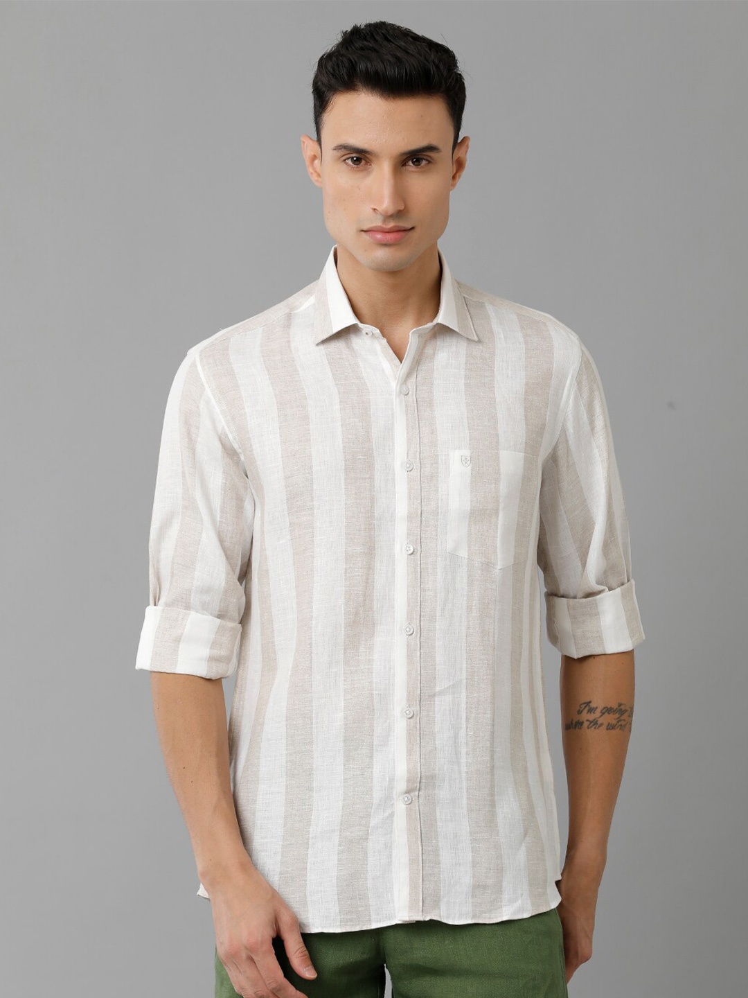 

Linen Club Vertical Striped Pure Linen Casual Shirt, Beige