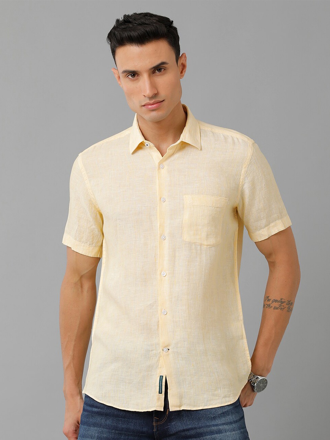 

Linen Club Spread Collar Pure Linen Casual Shirt, Yellow