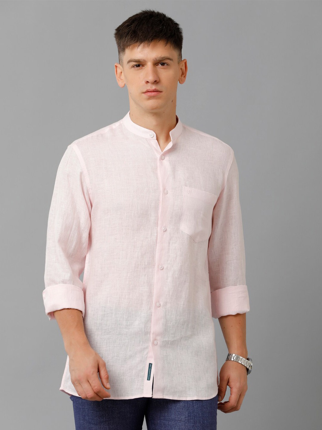 

Linen Club Band Collar Opaque Casual Pure Linen Shirt, Pink