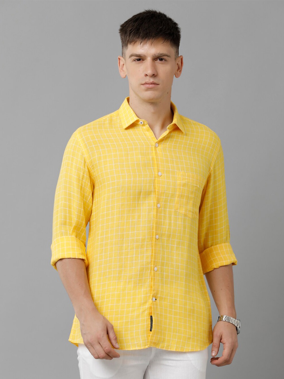 

Linen Club Checked Pure Linen Casual Shirt, Yellow