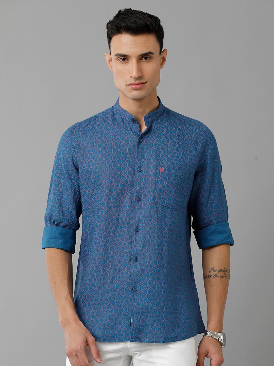 

Linen Club Floral Printed Pure Mandarin Collar Linen Casual Shirt, Blue