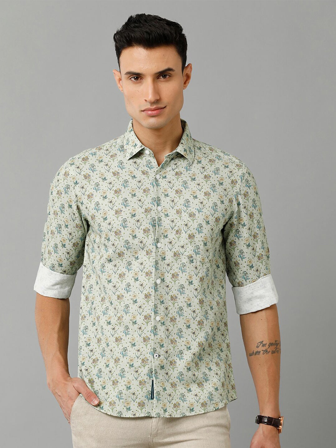 

Linen Club Floral Printed Spread Collar Opaque Casual Pure Linen Shirt, Green