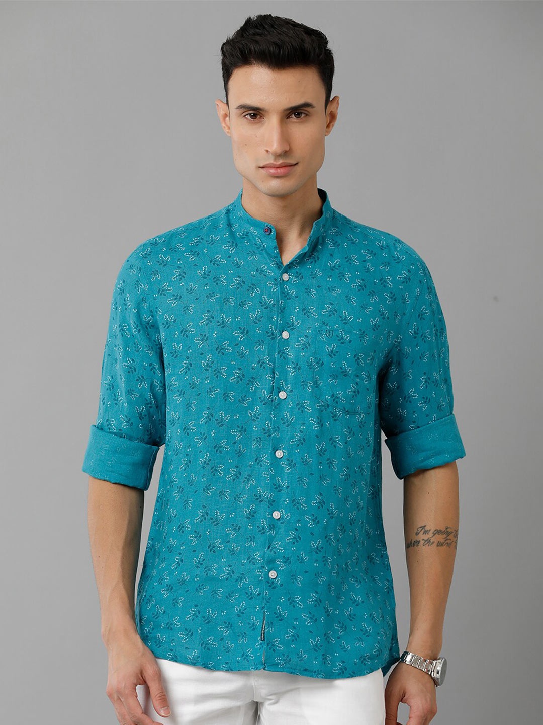 

Linen Club Floral Printed Spread Collar Opaque Casual Pure Linen Shirt, Turquoise blue